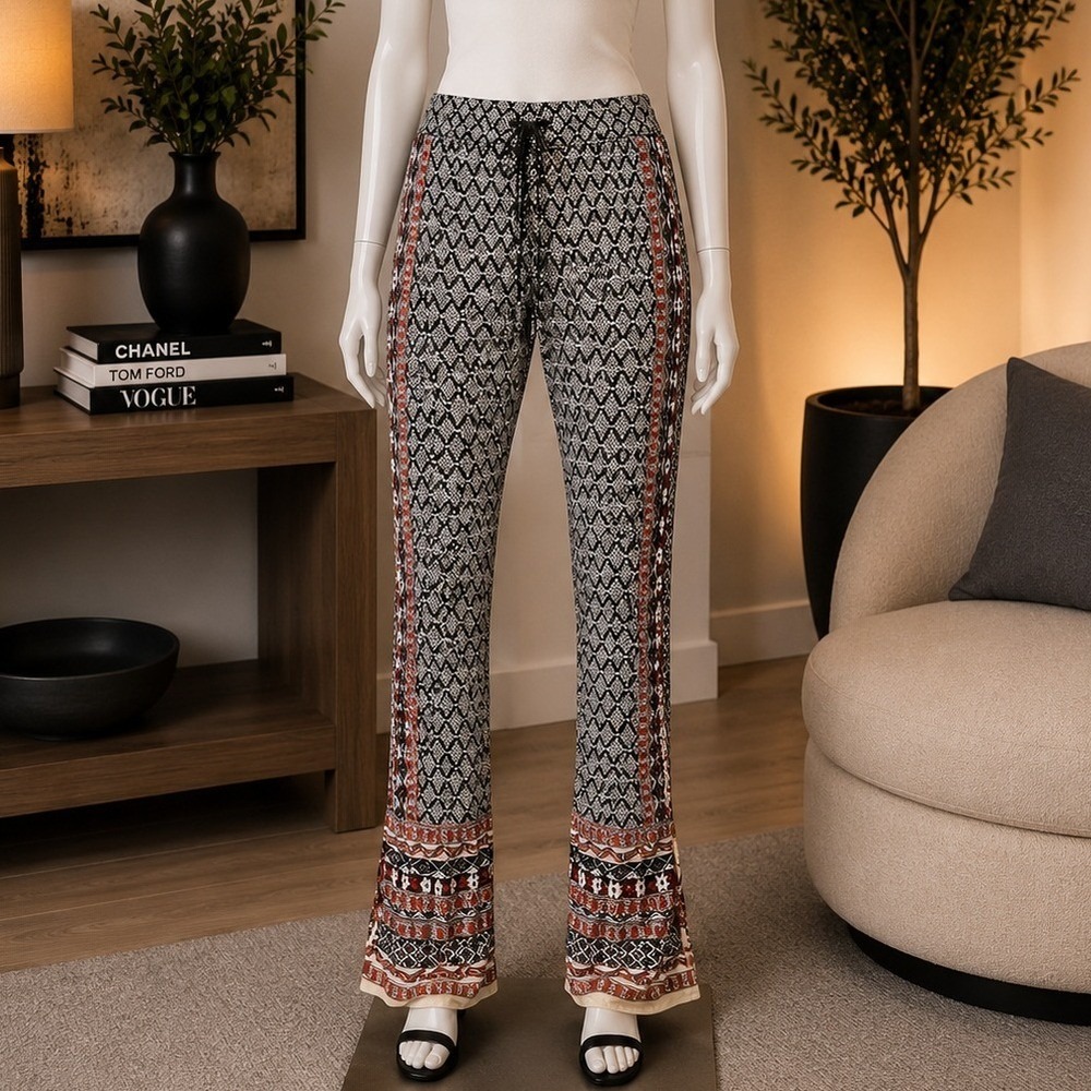 Lucy & Laurel Womens Pants Geometric Print Boho Elastic Waist Black Orange Small